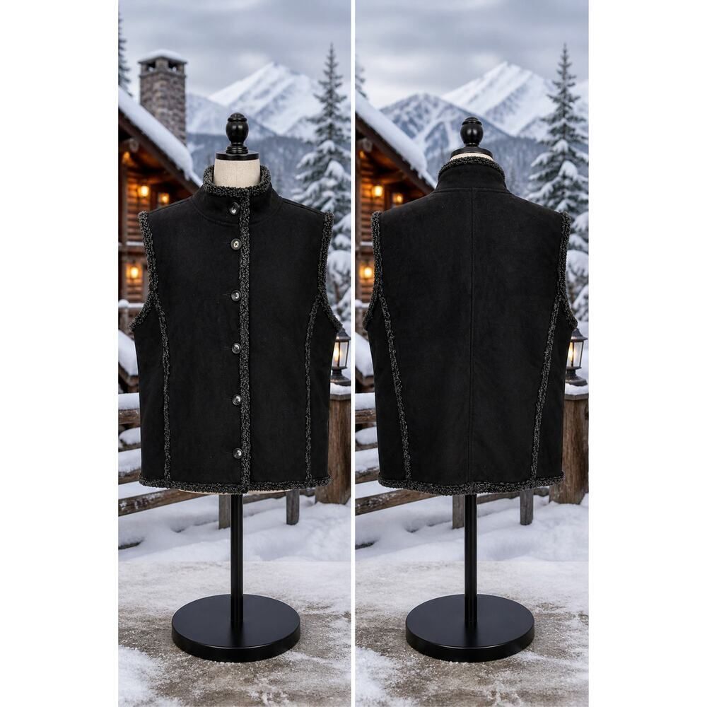 Vintage L.L. Bean Faux Suede Sherpa Vest Women's Large Black Shearling Style